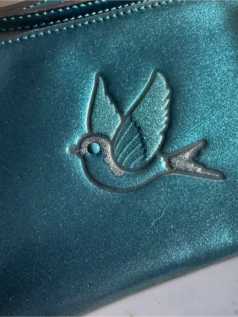 Coach Metallic Dark Teal Leather Glitter Sparrow Bird Zip Wristlet RARE NWT